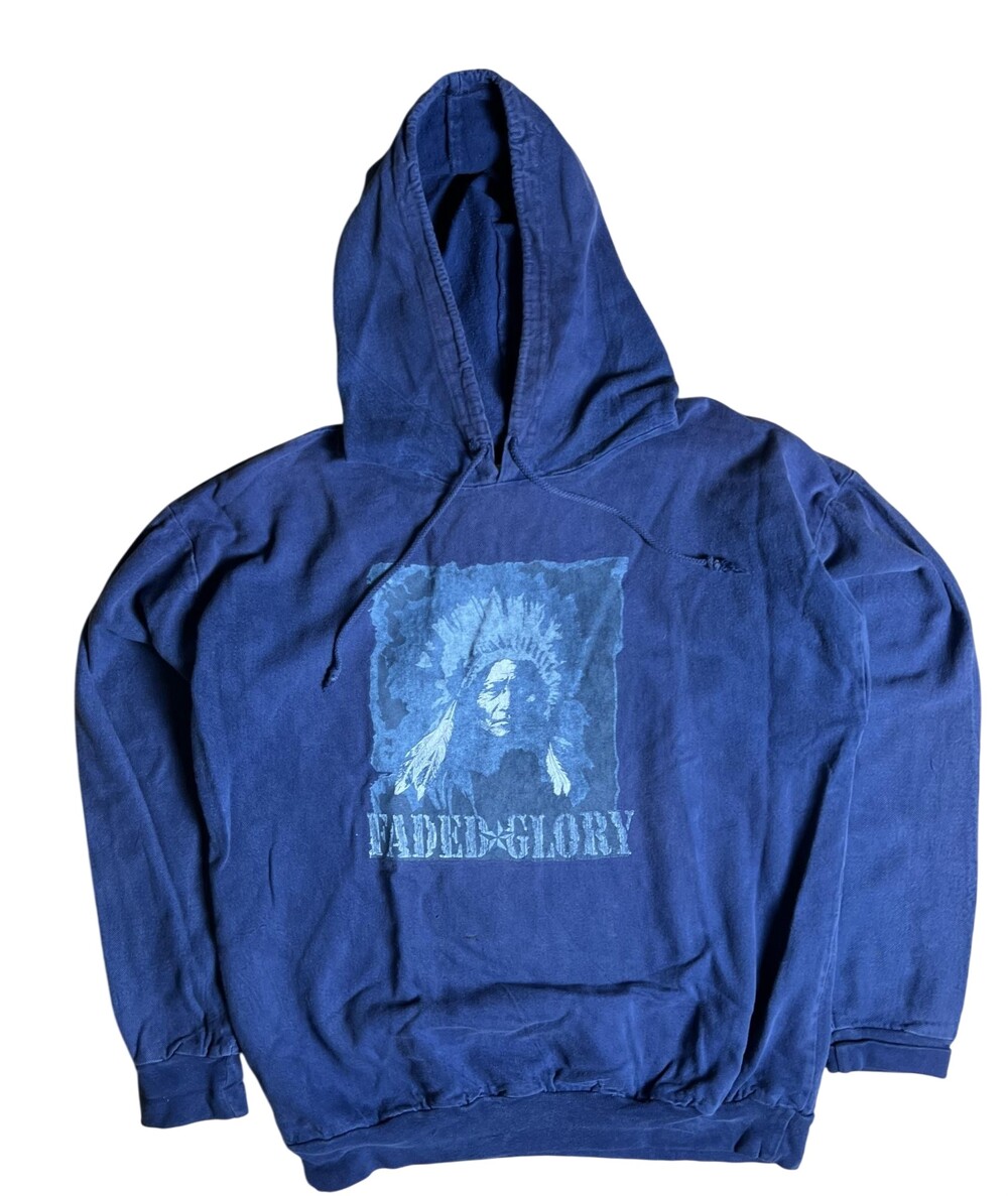 Faded Glory Sweater Mens XL Blue Cotton Blend Pullover Hooded Graphic Print